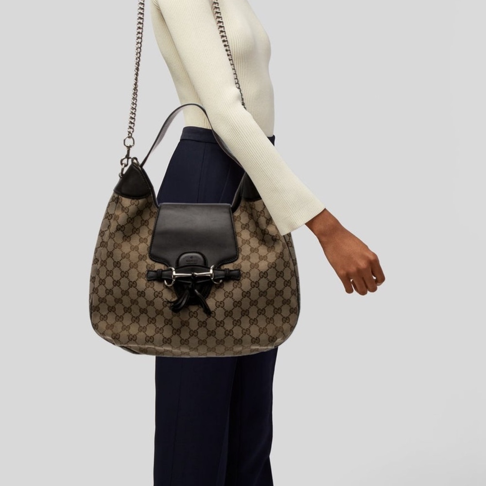 Gucci Beige Brown GG Canvas Shoulder Bag with Dark Brown Leather Trim - Picture 2 of 4